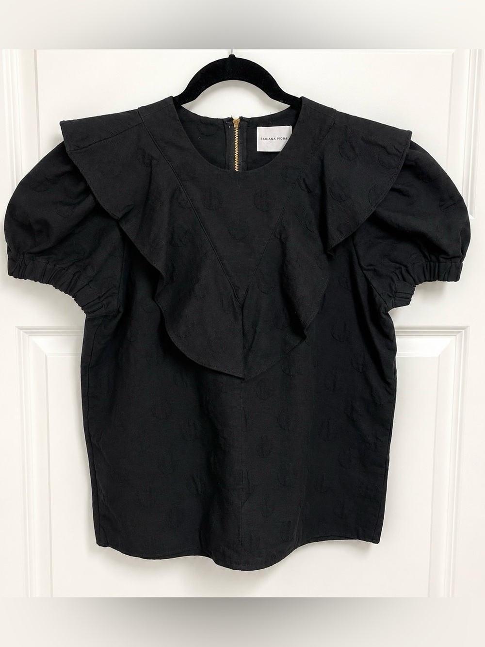 Fabiana Pigna Black Textured Ruffle Puff Sleeve Blouse Small Artsy Cotton
